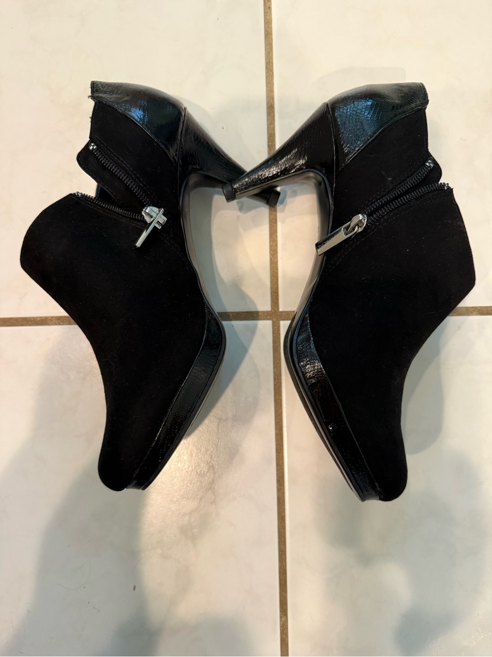 Madyson Bandolino Black Suede/Patent Leather-Look Ankle Booties with Side Zip